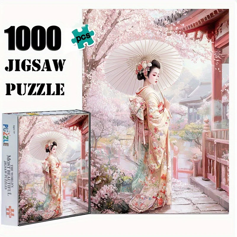 1000pcs Geisha Kimono Puzzle - Durable, Seamless, High-Quality Paper, 50.04x70.1cm, Traditional Japanese Design with Cherry Bl