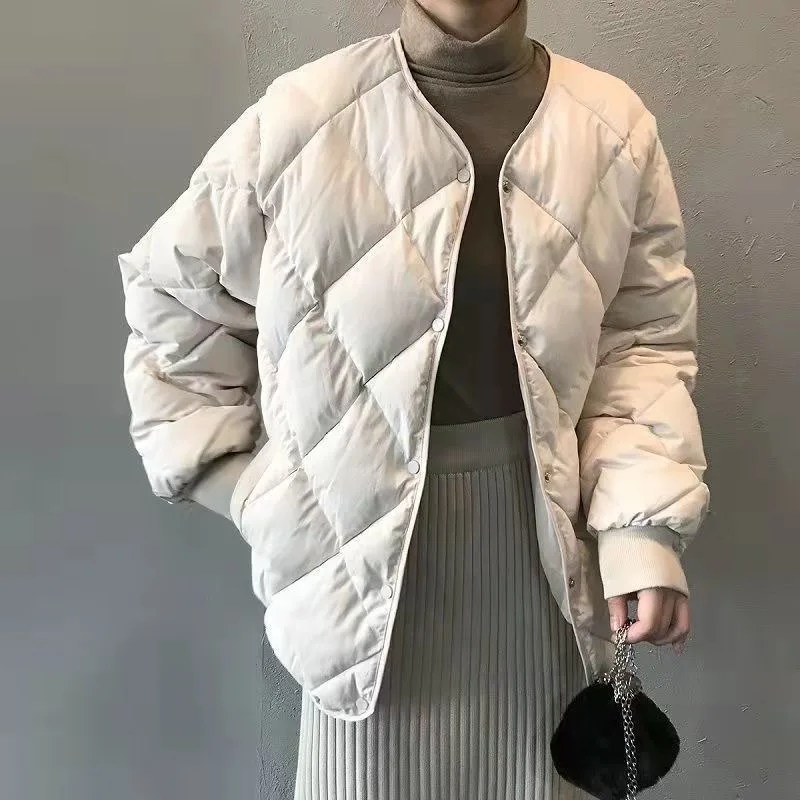 Women's Clothing Winter New Loose Crew Neck Single Breasted Coat Solid Color Long Sleeves Lightweight Rhombus Plaid Women Jacket