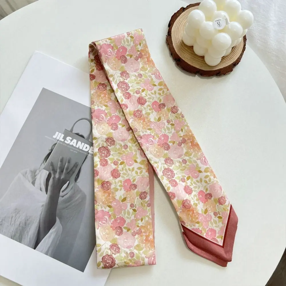 Trendy Versatile Satin Silk Ribbon Scarf Long Thin Narrow Bag Strap Fresh Floral Hair Tie for Women