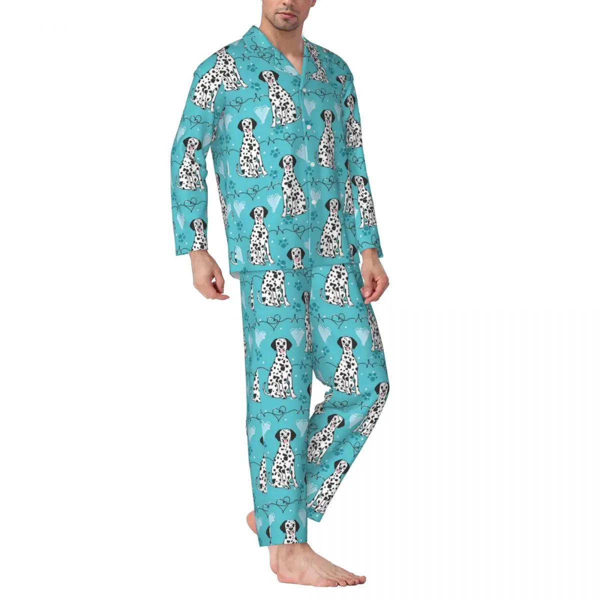 

Love Dalmatian Pajamas Mens Black and White Soft Home Sleepwear Spring 2 Piece Retro Oversized Graphic Pajama Sets