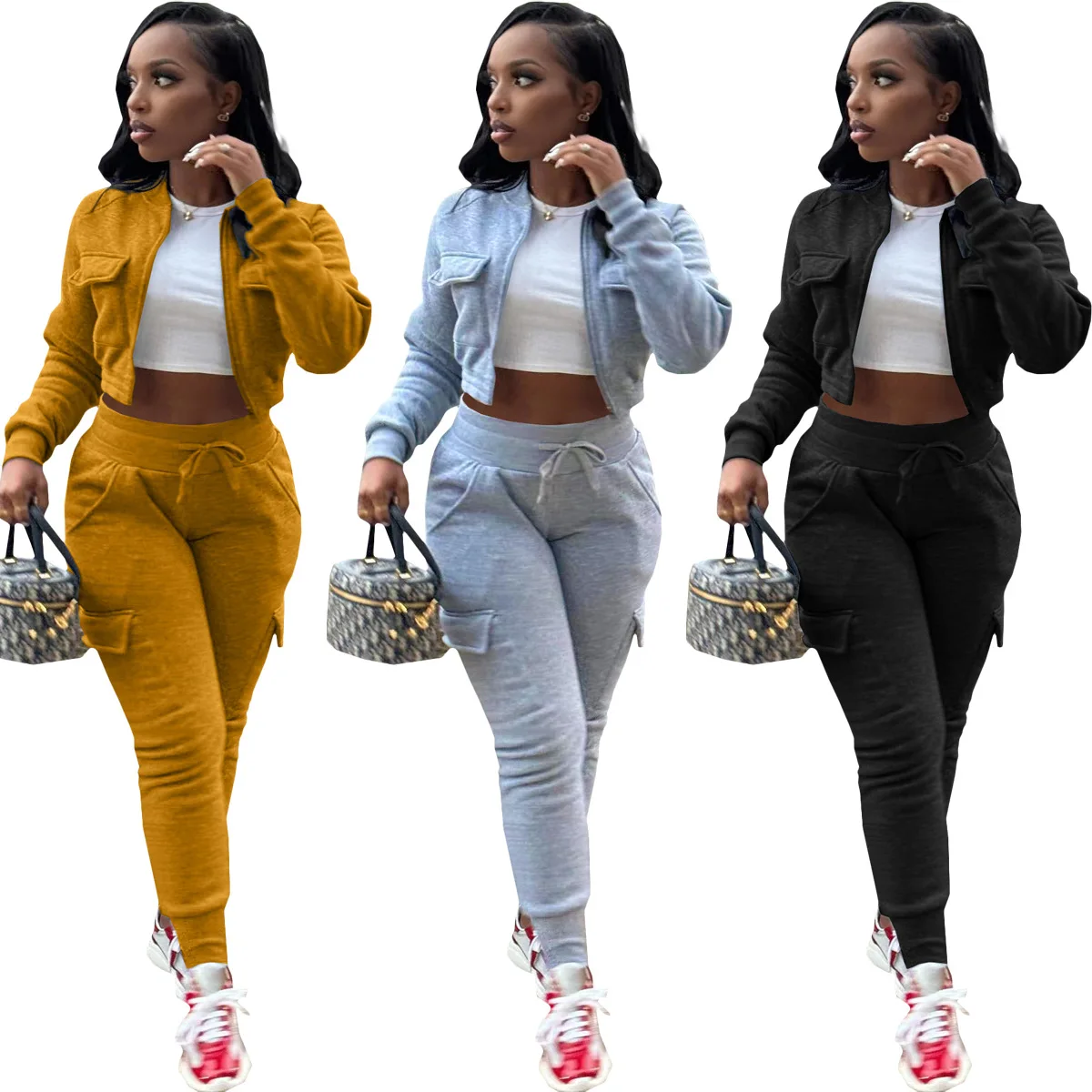 

Women Tracksuits Fall Winter Casual Cargo Jogger Set Sweatsuits Long Sleeve Sweatshirts Jacket Set Women Two Piece Pants Set