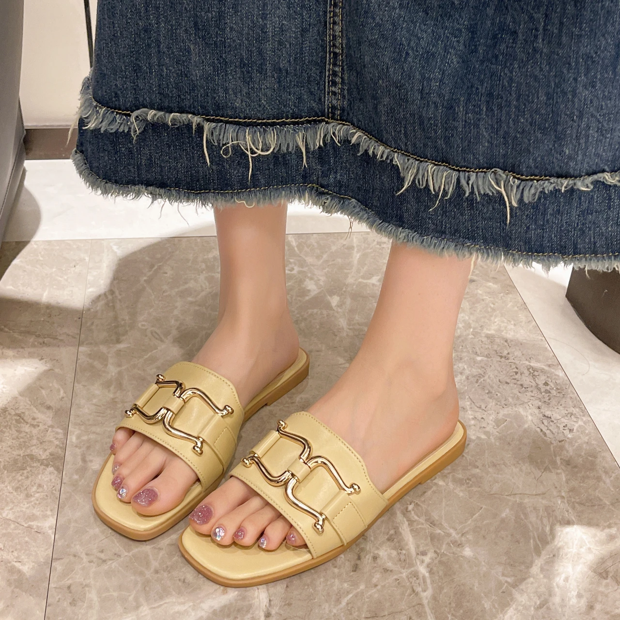 Women\'s Summer 2024 New PU Leather Fashion Simple Solid Color Sandals Daily Casual Open Toe Women Slippers Zapatos Mujer