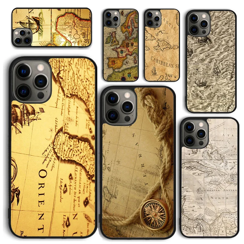 Ancient Sea Ship Map Phone Case for iPhone 16 15 14 12 13 mini PLUS X XS XR 11 PRO MAX Back Cover Fundas Shell