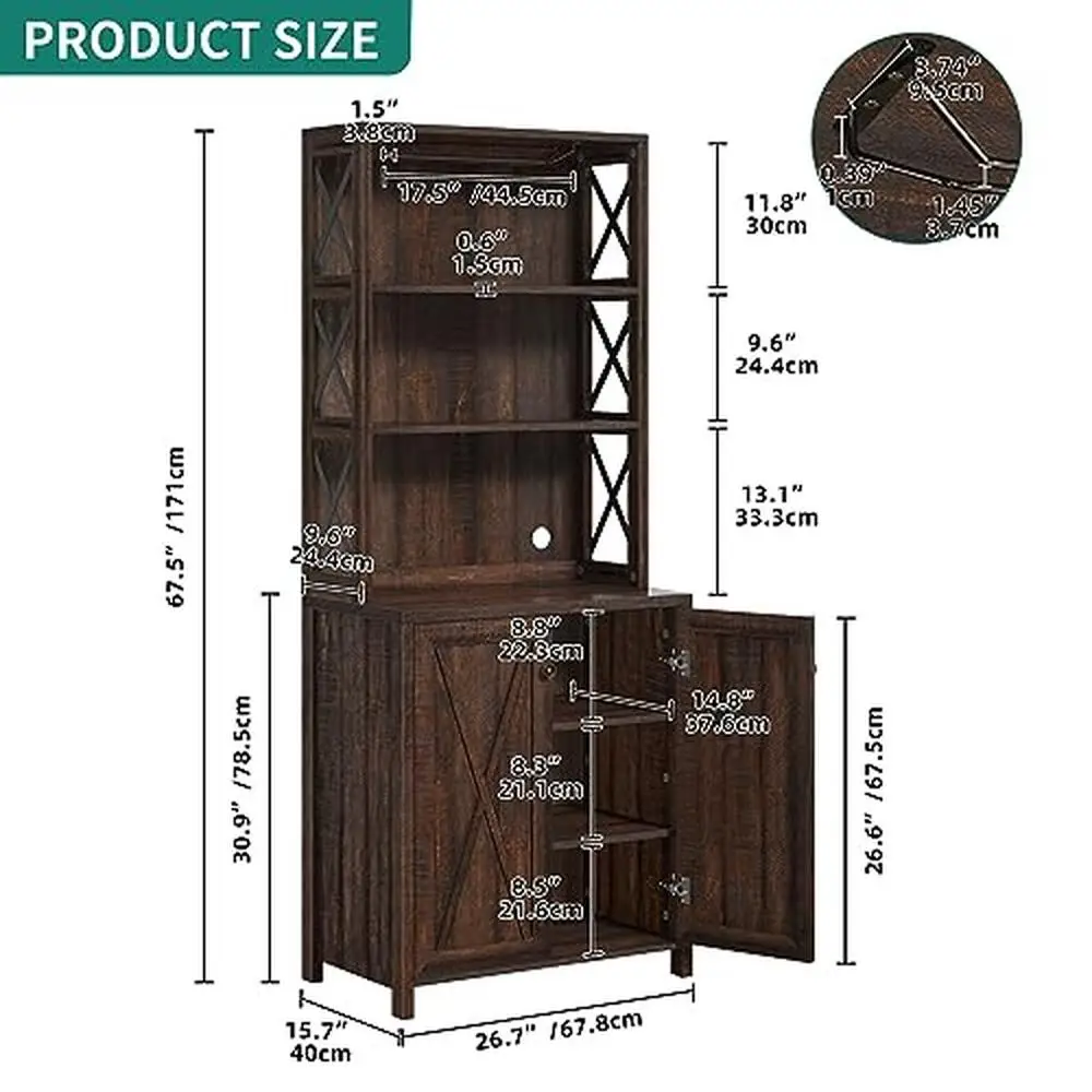 Tall Bar Cabinet Wine Rack Storage Shelves Farmhouse Mic Stand Buffet Coffee Station Dark Grey Rustic Design Strong Stable