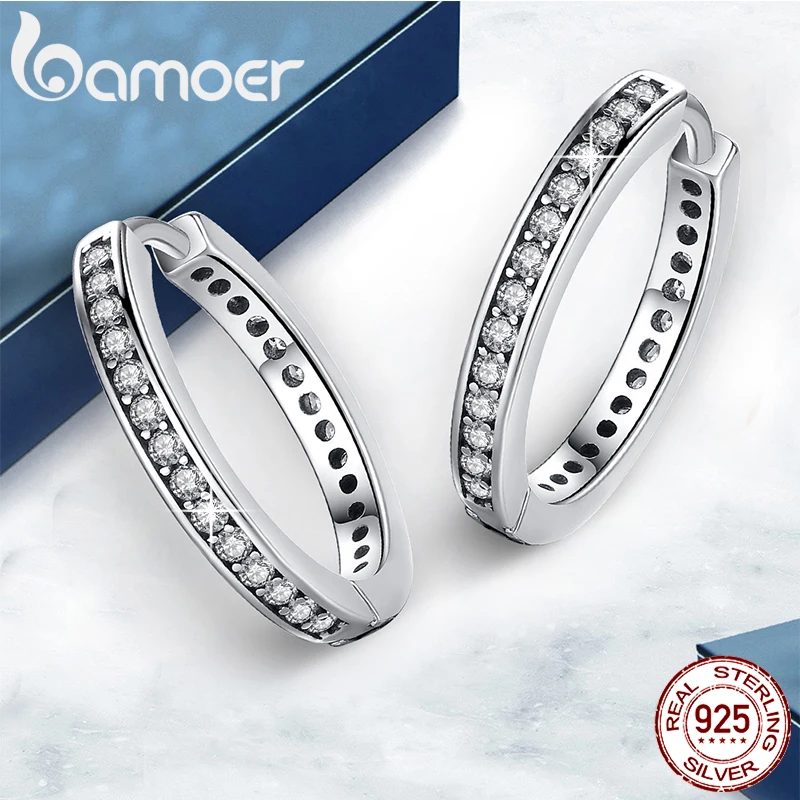 BAMOER 925 Sterling Silver CZ Simple Female Hoop Earrings Jewelry for Women Sterling Silver Jewelry PAS456 image 3