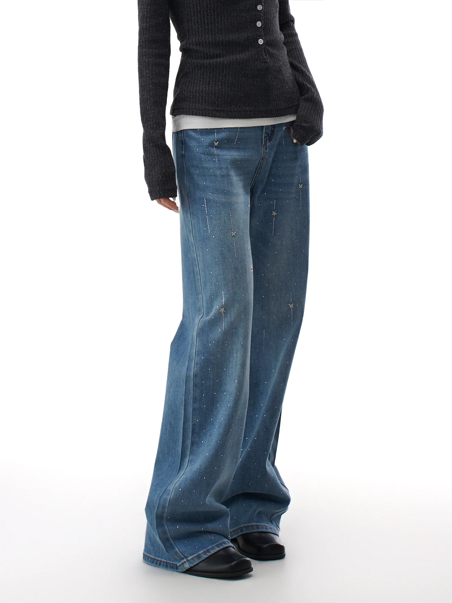 

AGUA Spring 2026 Women's Loose Fit Straight Leg Jeans Glittering Diamond High Waist Denim Casual Mid-Cotton Spring Season