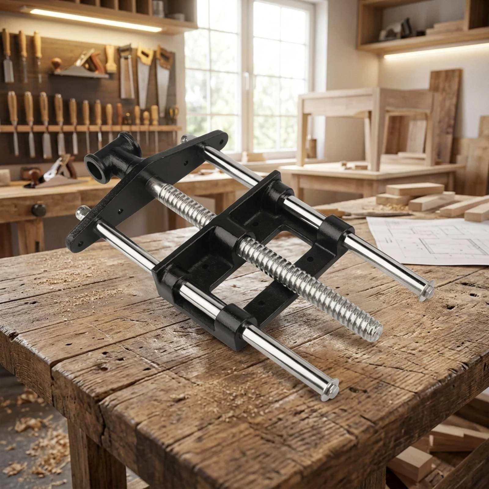 Woodworking Bench Vise Double-Guide-Rod Steel Bench Vise Clamp Hand Tool Threaded Screw Mounting Plate for DIY Work