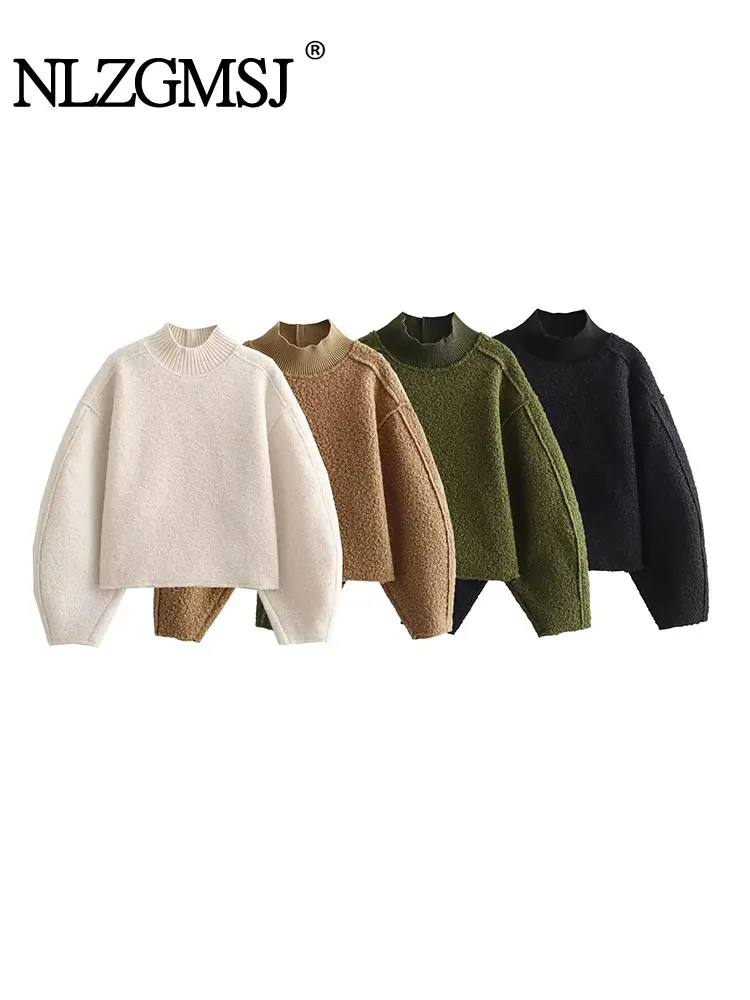 TRAF 2024 Autumn Y2K Woolen Fabric Women Loose Sweatshirts Thick Long Sleeve Pullovers Oversize Female Crop Top