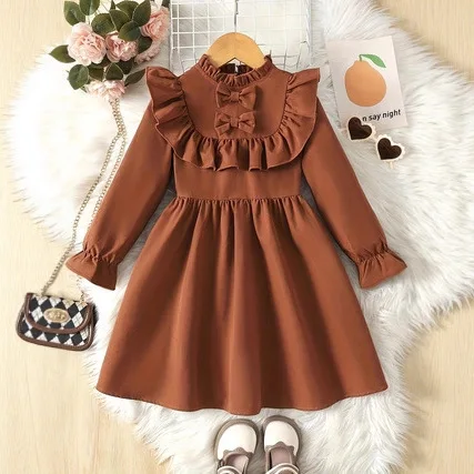 Girls Dress 2026 Spring and Autumn New Children's Clothes Girls Baby Retro Cute Bow Stand Collar Lotus Lace Back Zipper Dress