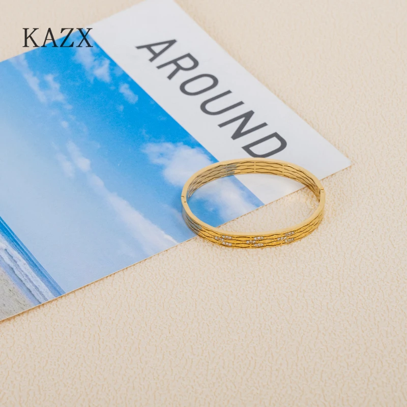 KAZX Modern Linear Groove Stainless Steel Bracelet Anti Fade Trendy Stackable for Ladies Wrist Ornament