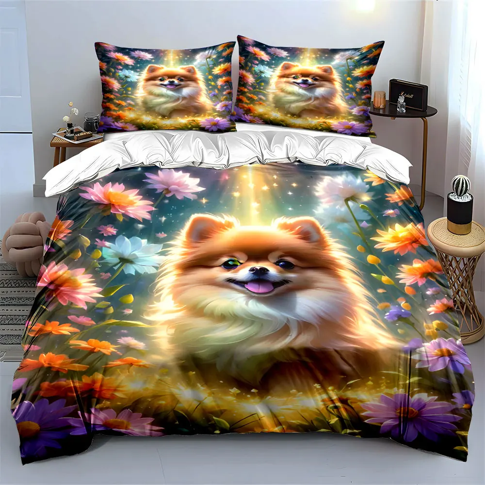 Adorable dog in dreamy flower field Duvet Cover Set with 3D Printing Design Soft Polyester Bedding Set All-Season Comfort