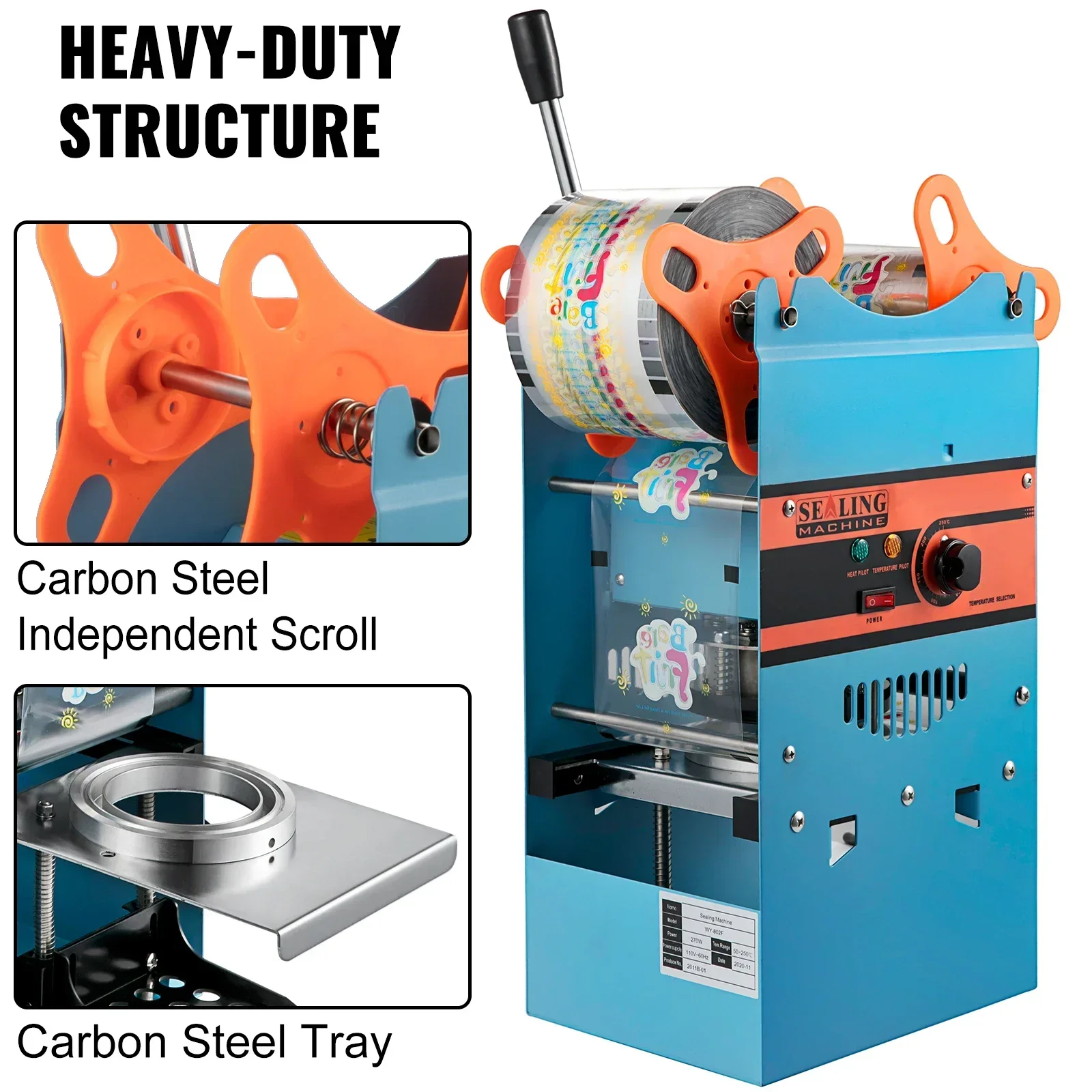 VEVOR Manual Cup Sealing Machine 300-500 Cups/Hour Accurate Control Panel Heavy Duty for 90/95 MM Diameter Drinks Cup Sealer