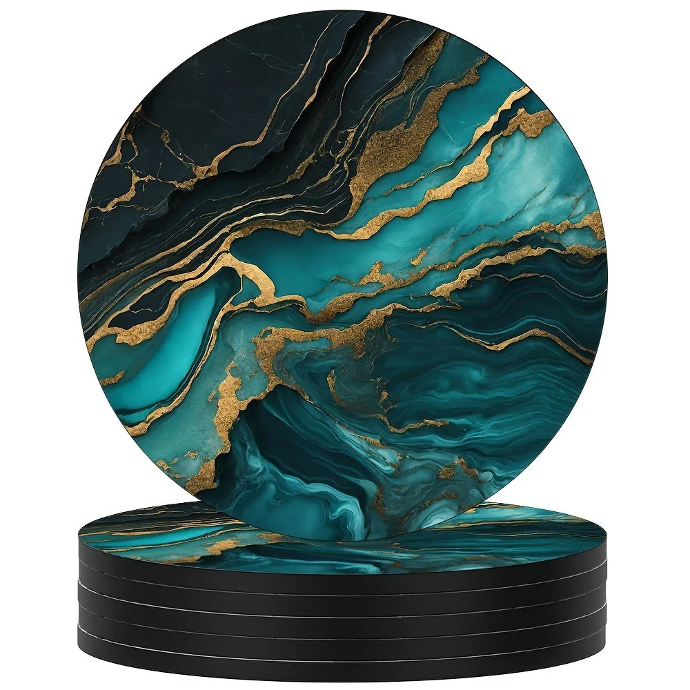 6pcs 4 Inch Drink Coasters Set Wooden Round Insulation Mat Heat Resistant Marble Veining Absorbent Coasters