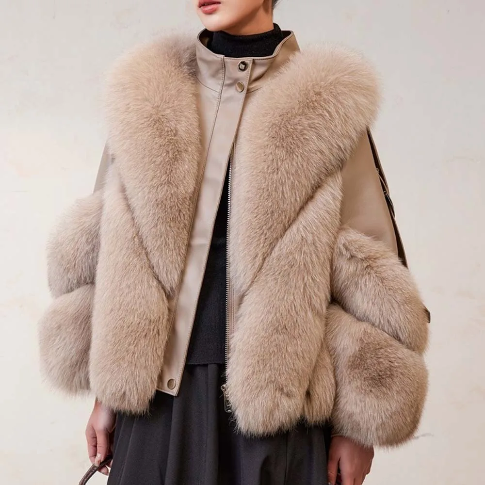 

2025 Autumn Winter New Women Tops Coat Real Fur Splicing Lapel Collar Long Sleeve Zipper Design Female Coats