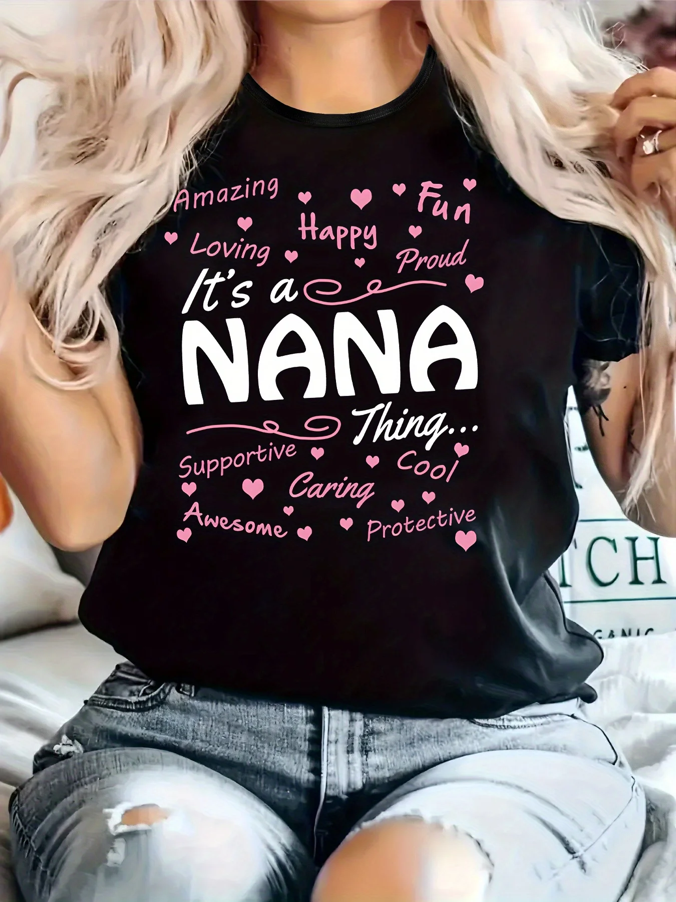 여성 캐주얼 티셔츠 - 블랙 기하학적 크루넥 반팔, 신축성 있는 원단, 봄/여름 편안한 착용감, 기계 세탁 가능