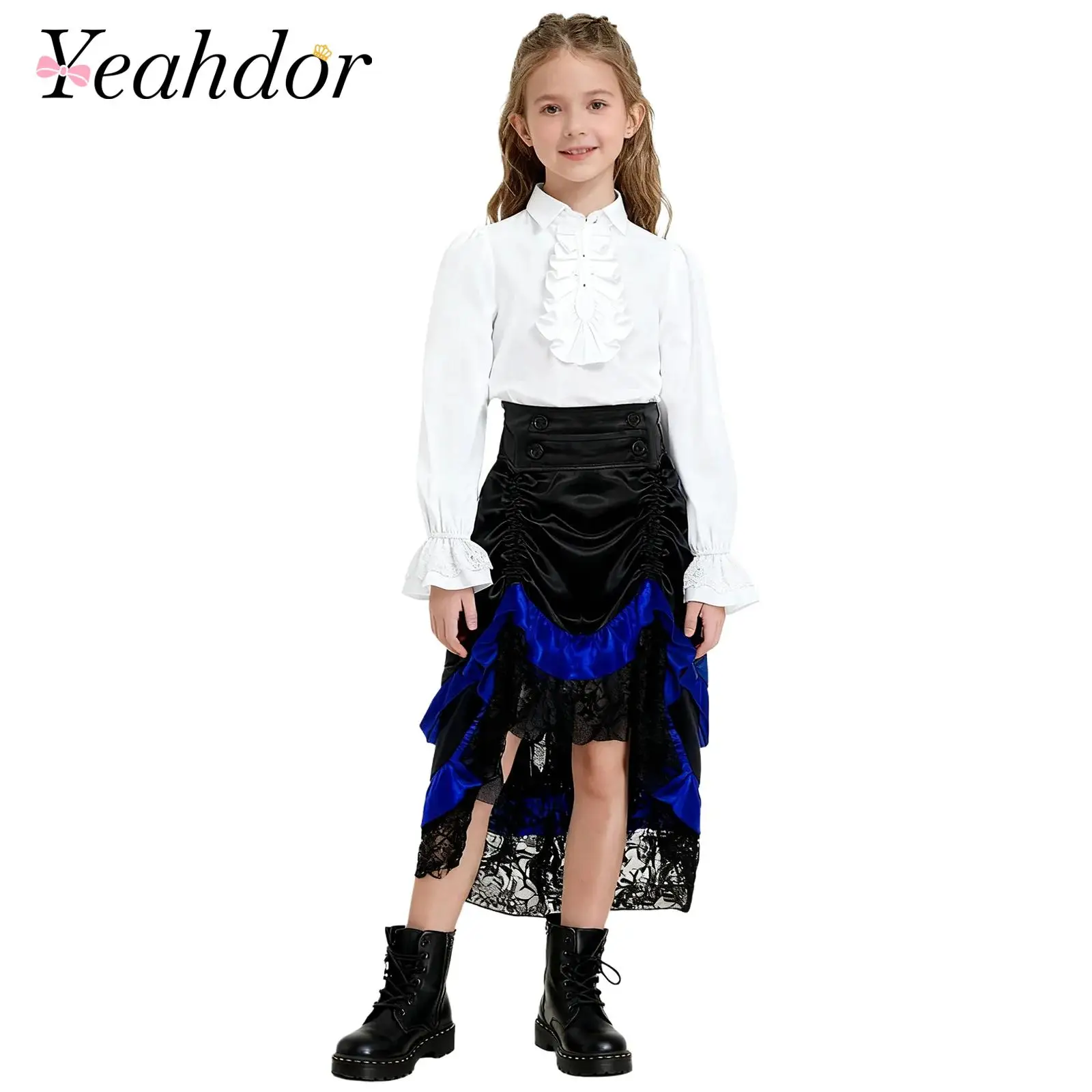 

Детский костюм средневекового эпохи Возрождения для девочек, костюм, рубашка с высокой талией, многоуровневая юбка с рюшами, комплект танцевальной одежды для выступлений для девочек