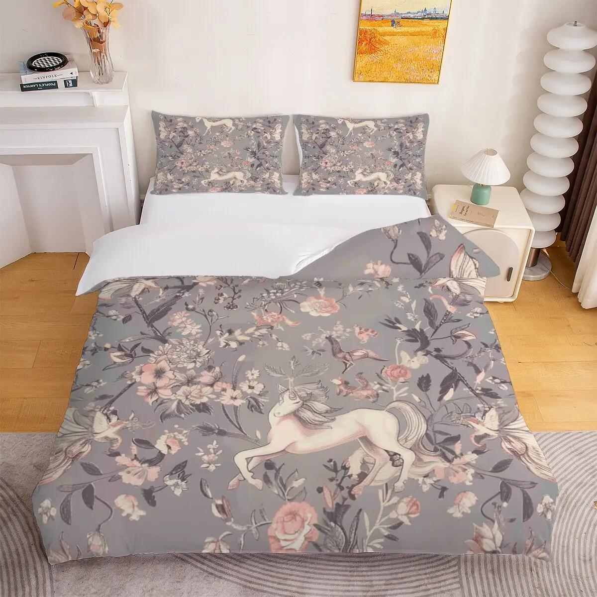 Unicorn  Down comforter set, extra large size  Flowers  Modern trend of printed bedding