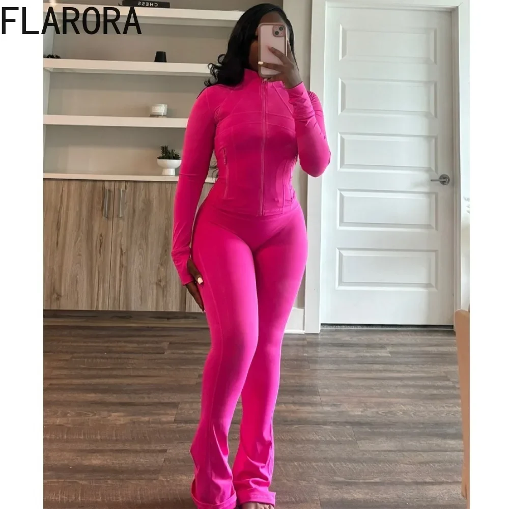 FLARORA Autumn Winter Tracksuit Two Piece Sets Woman Solid Slim Zipper Jacket And Flared Pants Set Casual Yoga Set Jogger Suits