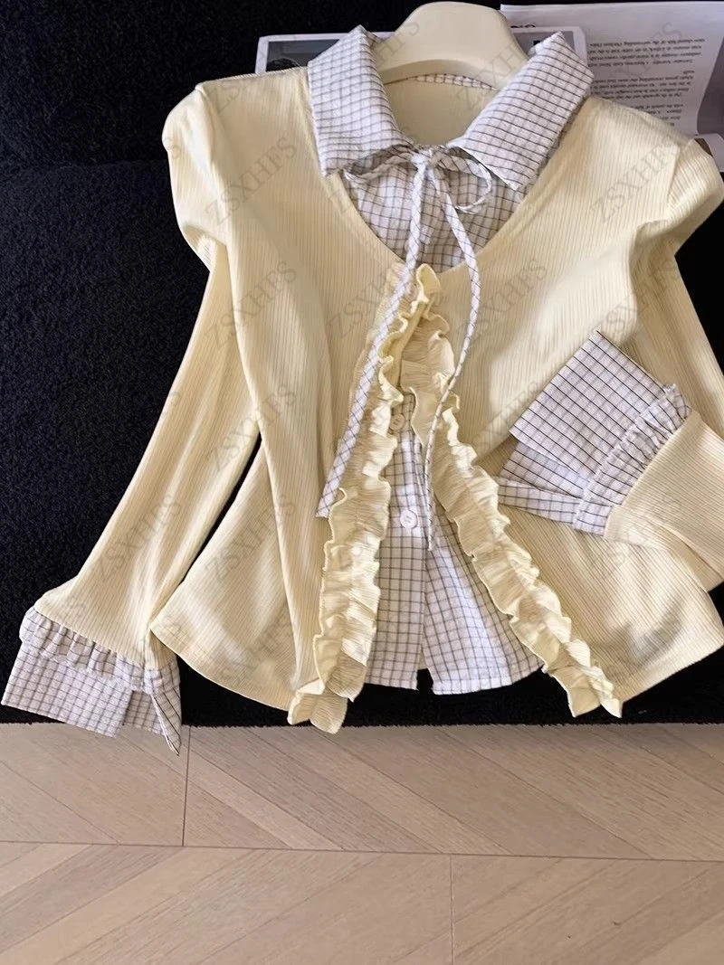 Yellow Polo Shirt False Two-piece 2026 Korea Aesthetic Crop Tops T shirt Harajuku Vintage Camis Cute Women Clothing Y2k T shirts