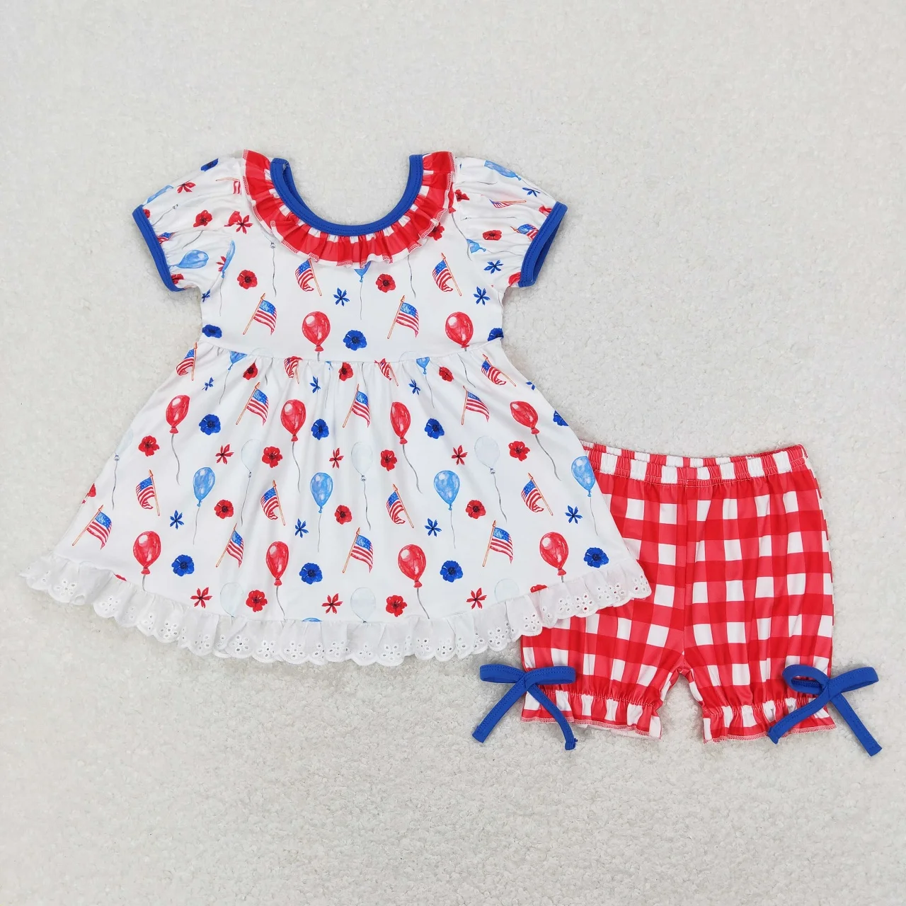 

Wholesale July 4th Kids Summer Short Sleeves Balloon Tunic Toddler Set Children Red Plaid Shorts Baby Girl 2 Pieces Outfit