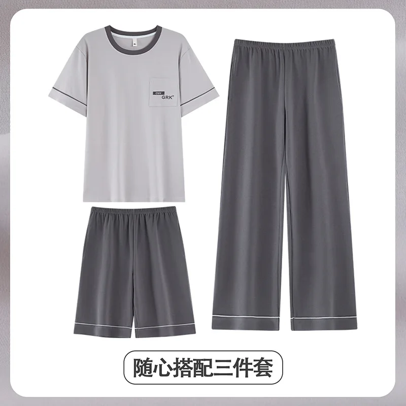 

Summer Men's 3 Piece Pajama Set 100% Cotton Short Sleeve Tops Shorts Long Pants Loose Breathable Nightwear Casual Homewear