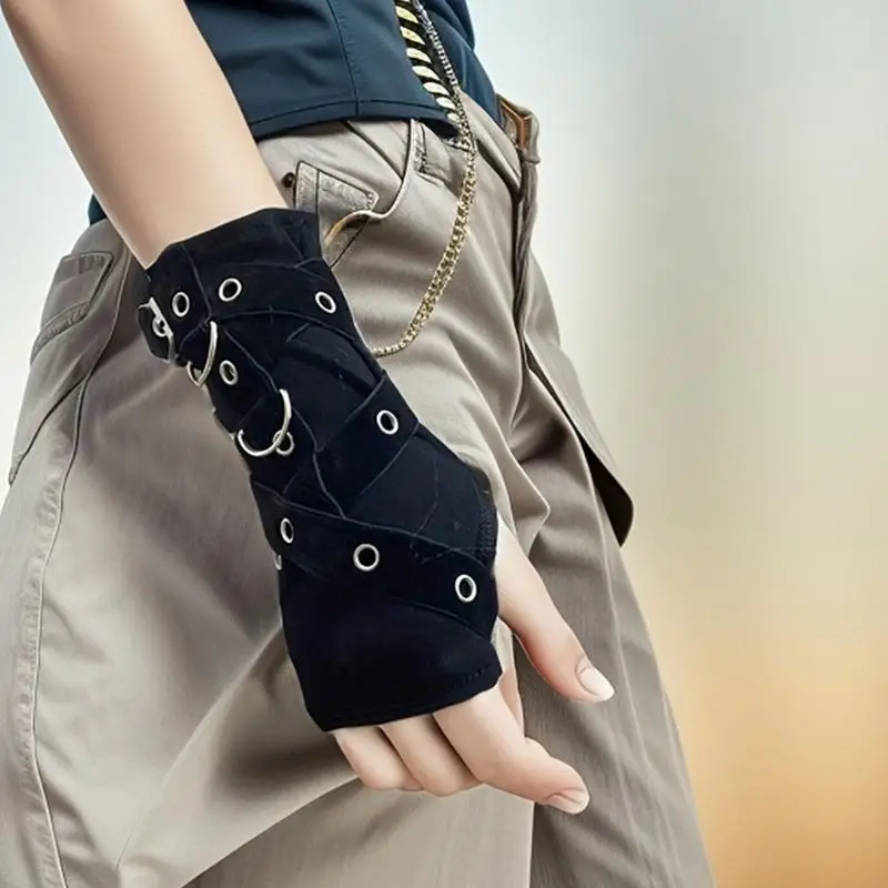 Black Fingerless Gloves Long Arm Sleeve Pair with Strap Detail Cotton for Daily Layering and Stage Looks Y166