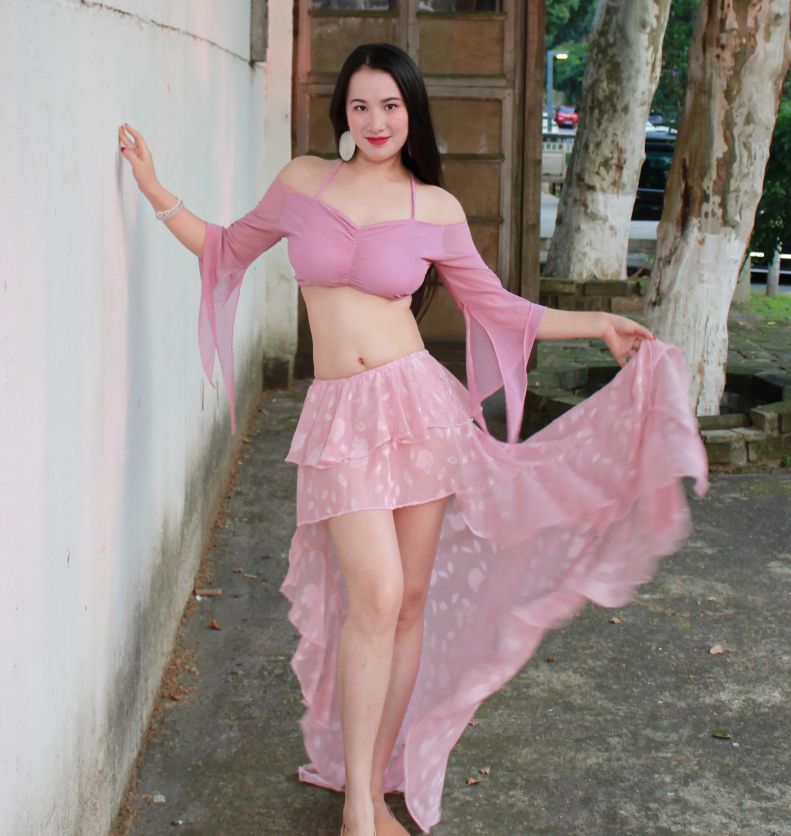Dry Belly Dance Outfit Pink Slimming Skirt Large Swing Performance Suit Beginner Friendly Ele Sle Milk Silk Fabric