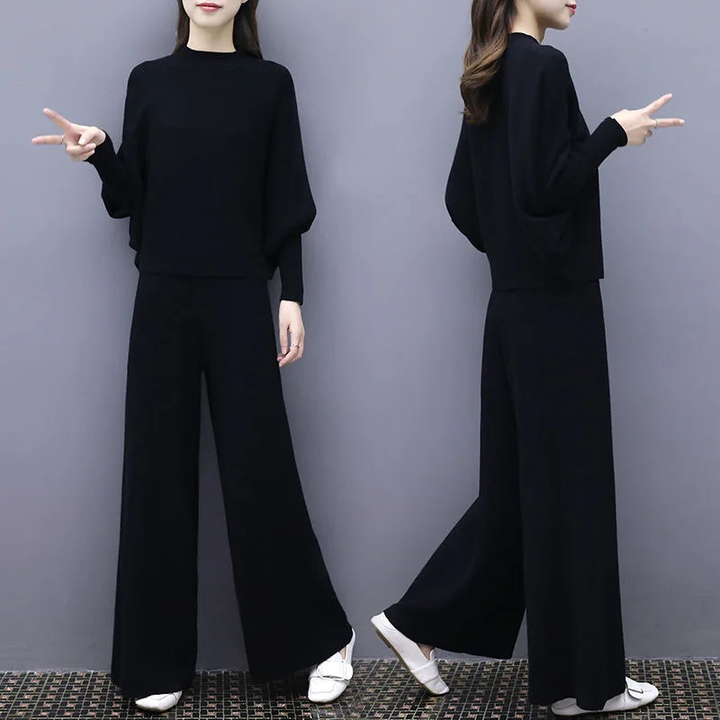 

Sweater Set Women Tracksuit Spring Autumn Knitted Suits 2 Piece Set Warm Turtleneck Sweater Pullovers Wide Legs Pants