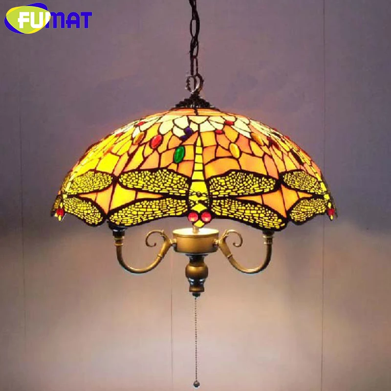 FUMAT Tiffany Glass Chandelier Western Style Restaurants Bedroom Dragonfly Lamp Lighting Rustic Chandelier Glass Art Pendant