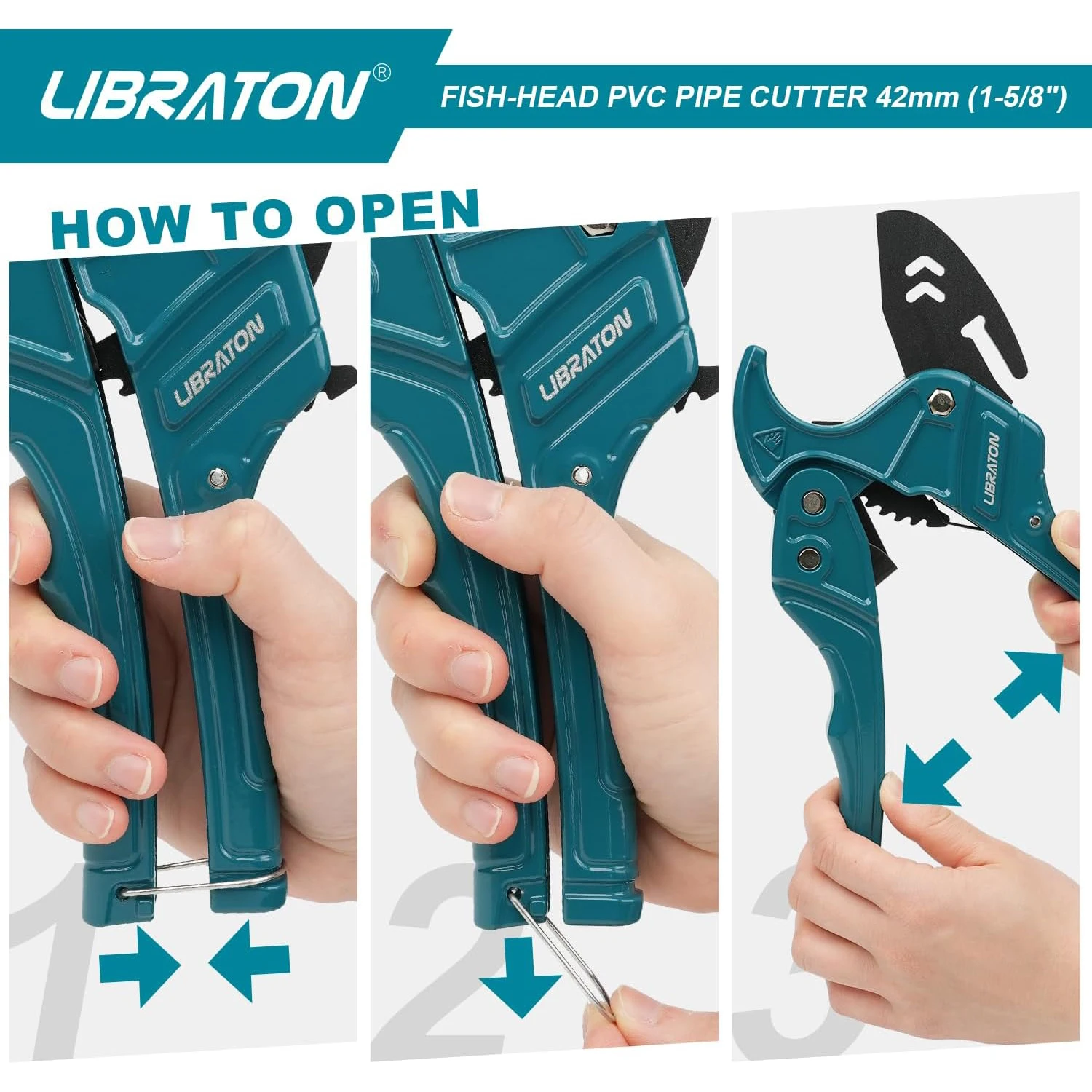 Libraton PVC Pipe Cutter 1PC Up to 42mm, Fish-Head Ratchet PEX Cutter, Heavy-Duty Plastic Pipe Cutting Tool for Hoses & Plumbing