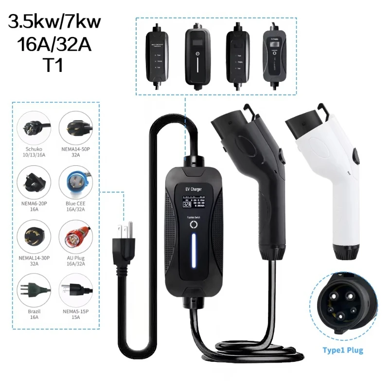 3.5kw 7kw 16A 32A Type 1 Mobile Level 2 Ev Charger Ac Station OLCD Screen Car Manufacture Portable Electric Vehicle