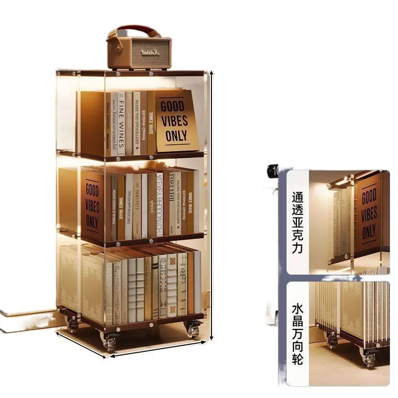 Acrylic rotating bookshelf 360 degrees living room TV next to the shelf storage movable multi-layer solid wood