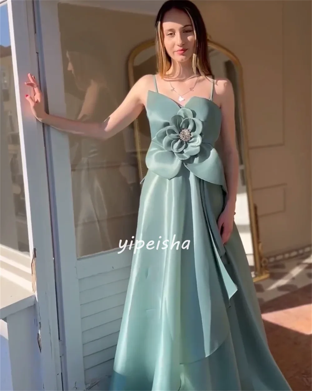 Customized Satin Handmade Flower Rhinestone Graduation A-line Square Neck Bespoke Occasion Gown Long Dresses