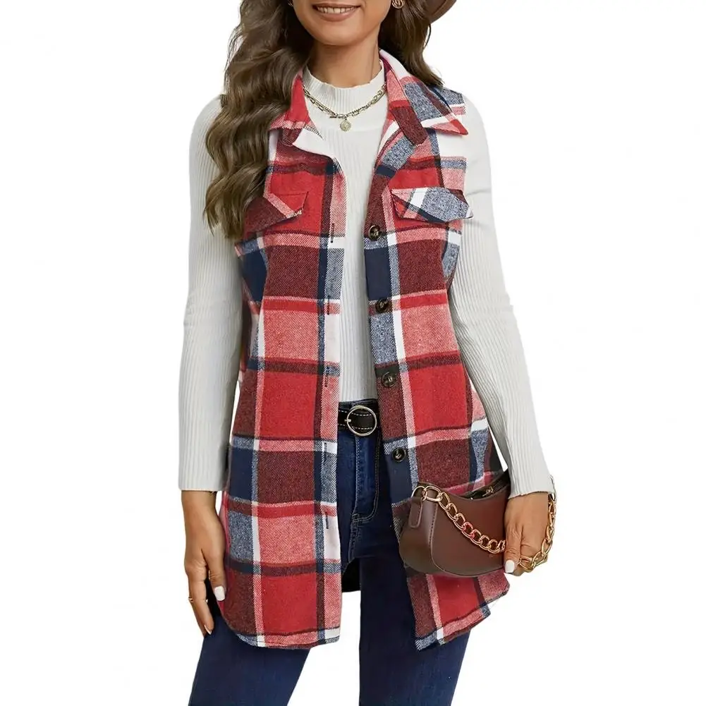 

Lapel Vest Coat Plaid Design Single-breasted Vest Plaid Print Waistcoat for Women Stylish Mid Length Vest Coat with for School