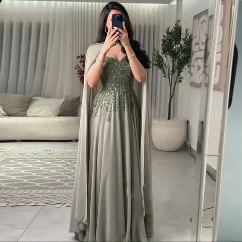 Customized Embrodiered Bead Evening Dresses with Cape Sweetheart Sequin Formal Wedding Party Gown A Line Chiffon Maxi Dress