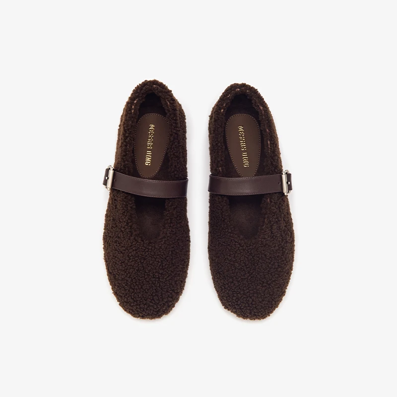 BEAUTODAY Mary Janes Women Wool Round Toe Solid Color Buckle Strap Winter Flats Warm Ladies Shoes Handmade MD-2003FUR