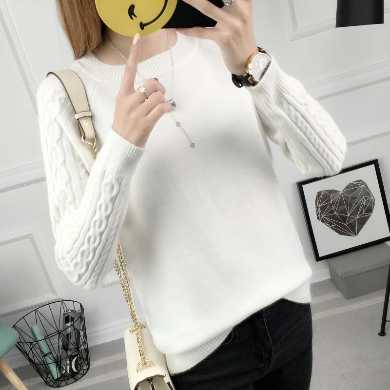 

Autumn Winter Women's Oversized Long Sleeve Knitted Sweater round Neck Warm Thickened Base Layer Top Sweet Style Straight Cut