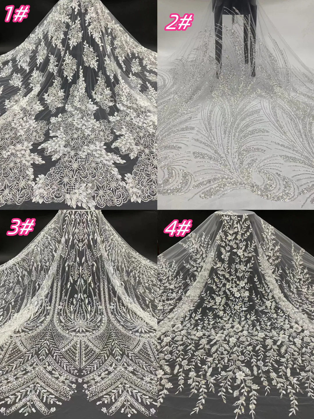 French tulle lace embroidery mesh fabric, high-end fashion sequins + bead tube + beads embroidery lace wedding dress fabric seri