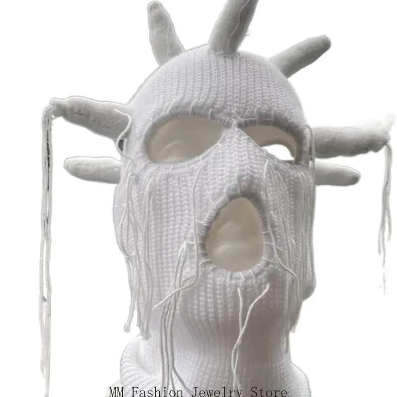 D0UB Knit Full Face Balaclava Hiking Scarves Devil Horn Balaclava Ski Halloween Hat