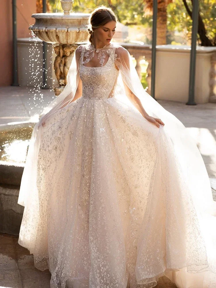 Elegant Wedding Dress Embroidered Lace On Net With Sequins Ball Gown A-Line Square Collar Sleeveless Prom Dresses Button Robe De