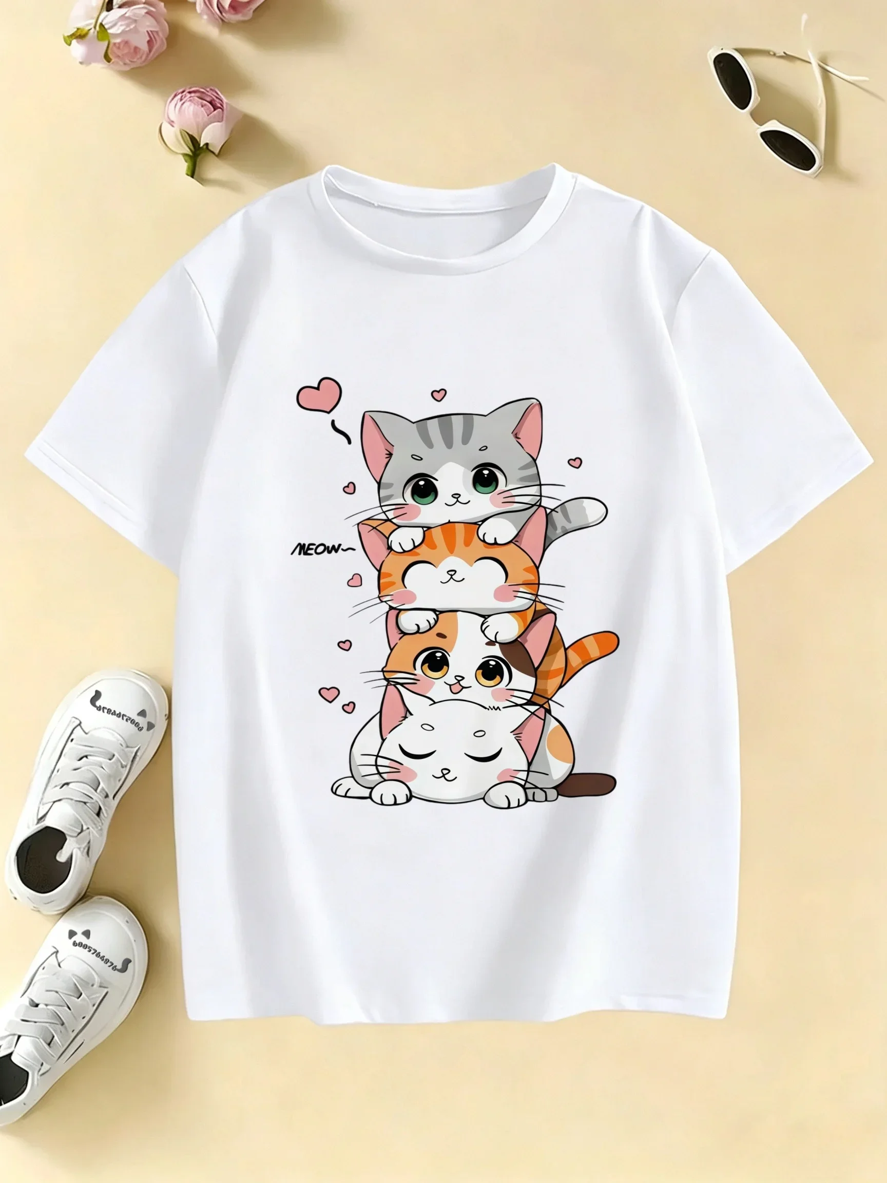 Latest Cartoon Cute Pet Kitten Print Children's Pure Cotton T-shirt - Large Size 2K Short-sleeved Top for Children