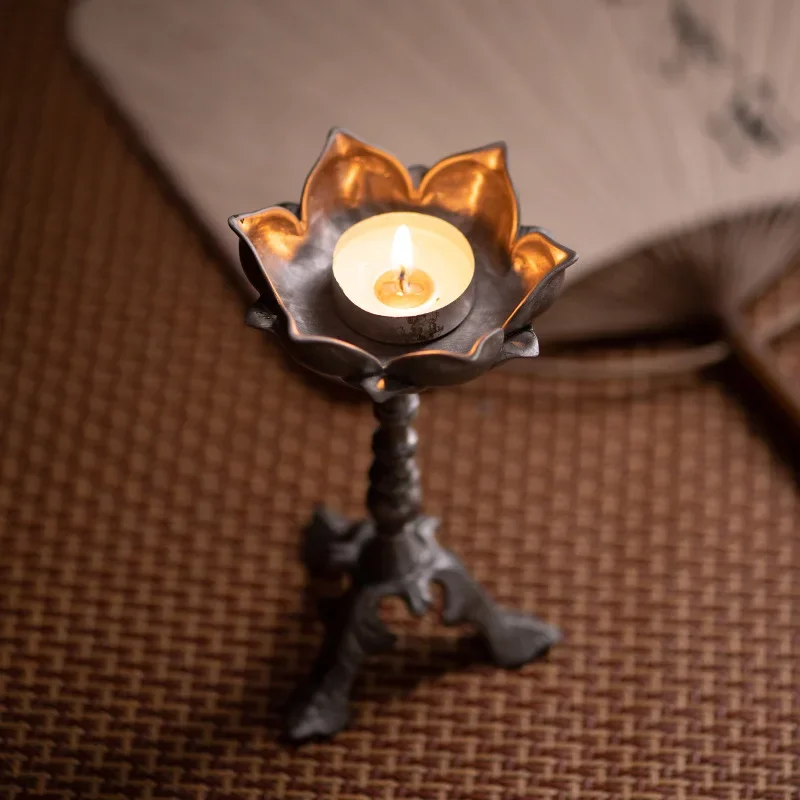 Vintage Liao Style Pewter Tall Lotus Candlestick Zen Tea Table Metal Candle Holder Chinese Tea Ceremony Desktop Decor Ornament