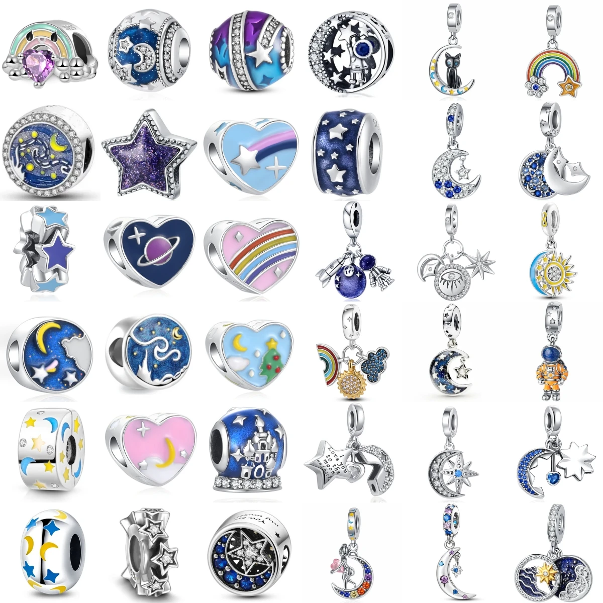 

925 Sterling Silver Galaxy Star Moon Planet Rainbow Astronaut Cat Castle Heart Beads Fit Women Dreamy DIY Jewelry Gift