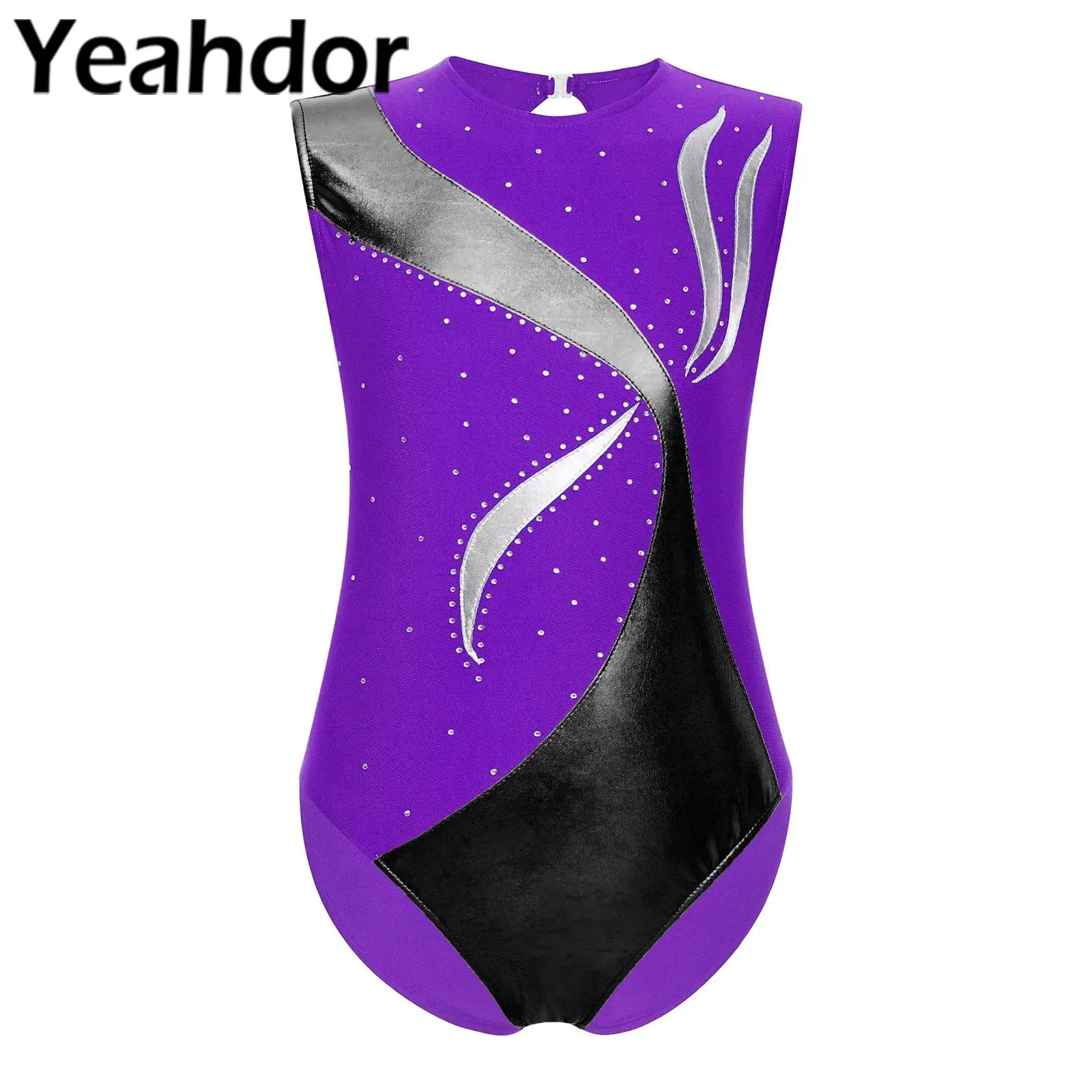 

Ballet Gymnastics Leotard Figure Ice Skating Dance Bodysuit Metallic Rhinestones Keyhole Back Sleeveless Unitard Performance