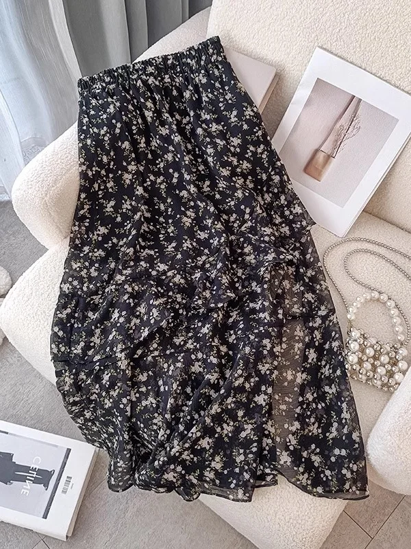 

Юбка миди А-силуэта с цветочным принтом и асимметричным подолом, с высокой талией, женская, весна-лето, новинка, черная, эластичная, с разрезом, длинная