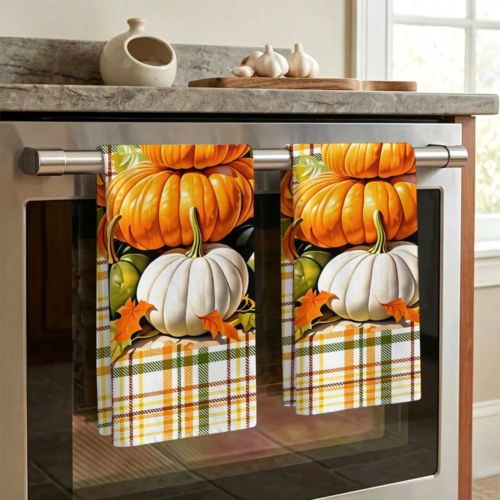 1pc/2pcs Autumn Plaid Pumpkin Print Kitchen Towel-Super absorbent, reusable polyester dishcloths perfect for home decor, cooking