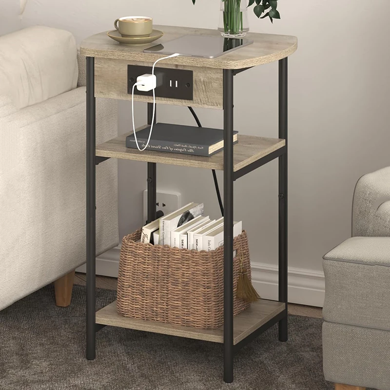 End Tables with Charging Station 3 Tier Side Table End Table with USB Ports & Outlet Narrow Nightstand for Bedroom Greige Black