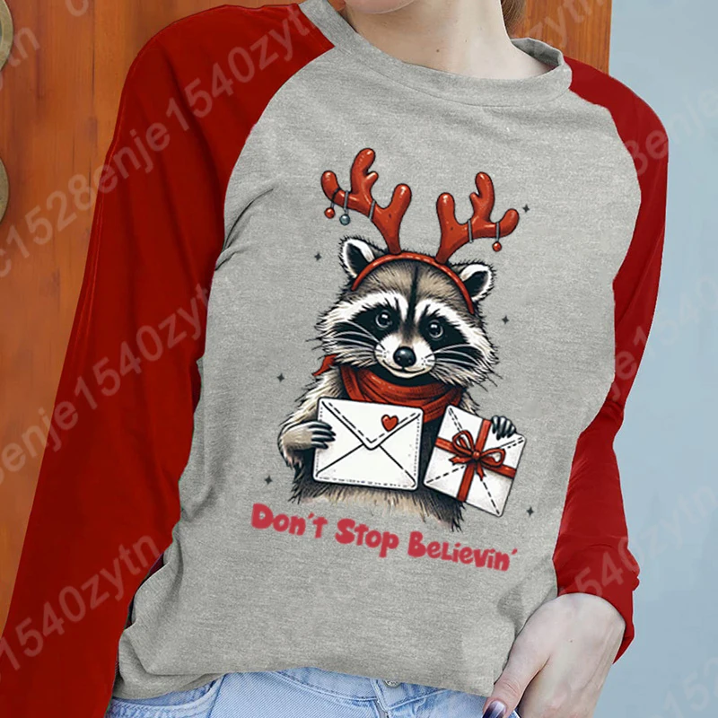 Fashion Clothes Women Long Sleeve Pullover Christmas Racoon Don't Stop Believin' Sweatshirts Ladies T Shirt O-neck Loose T-shirt