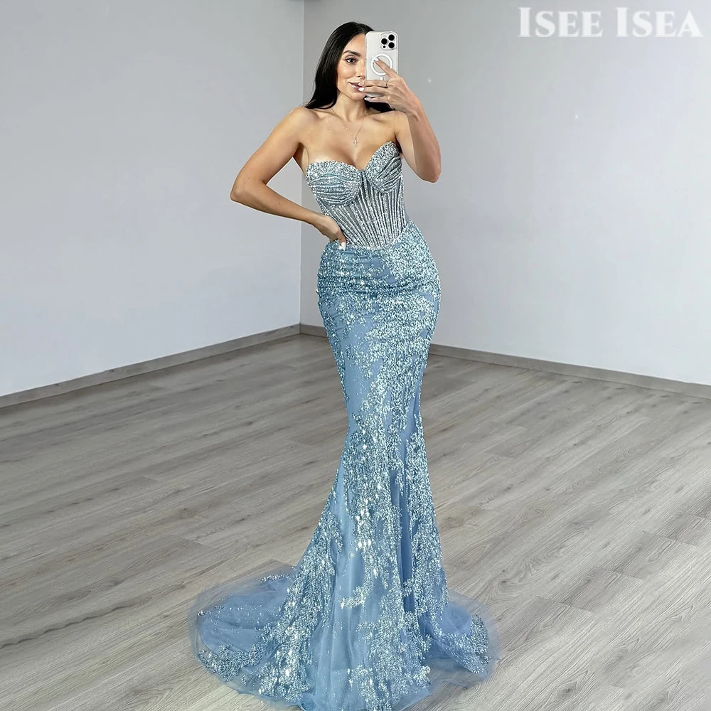 

Baby Blue Formal Evening Gown Lace Mermaid Wedding Party Gowns Diamond vestido madrinha Sparkly Corset Prom Dress Customized