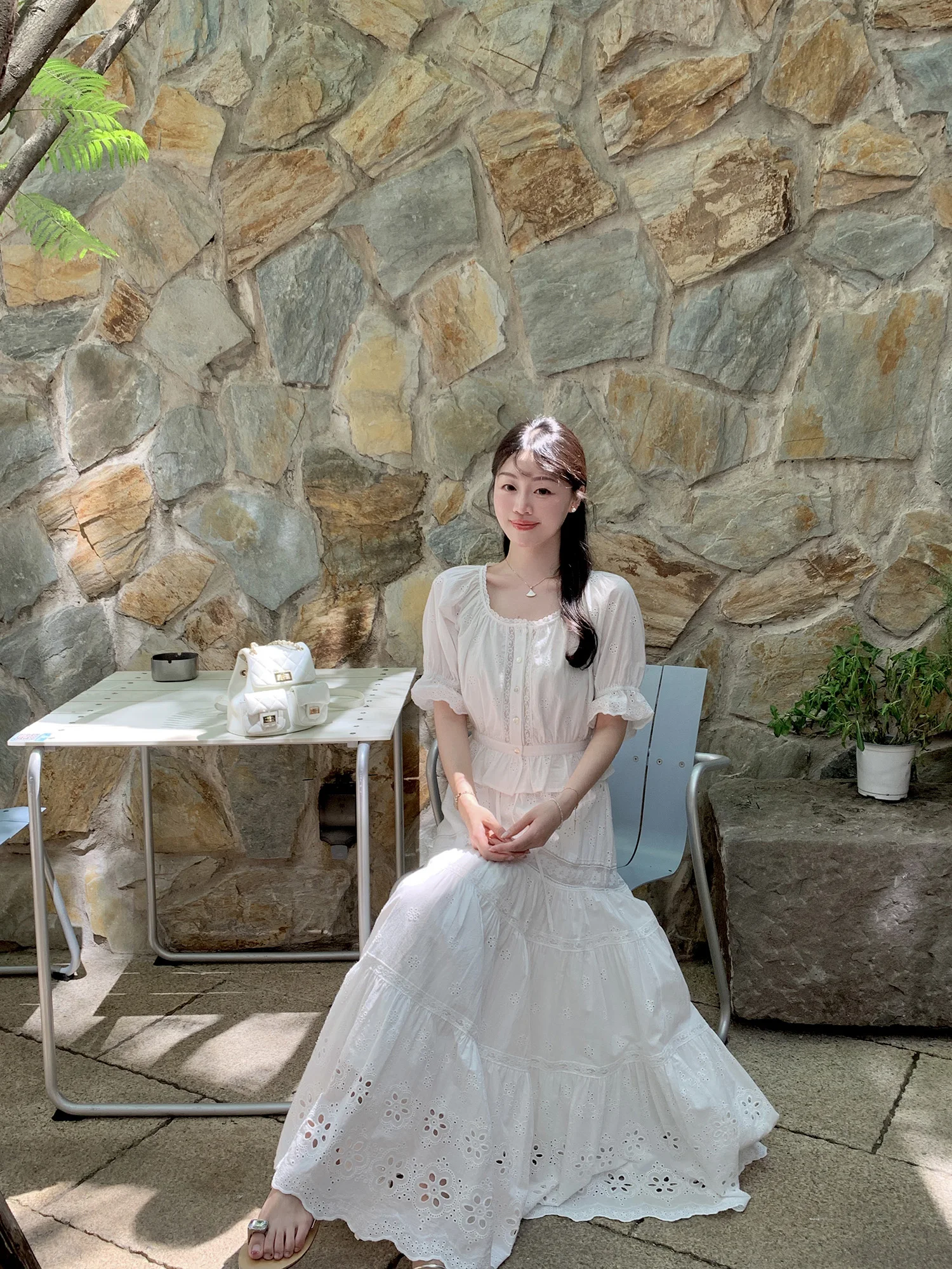 

Ele White Lace Embroidery Hollow out Cotton Skirt Set for Women by Wang Han Yan Gentle Faionable Two-Piece Ensemble